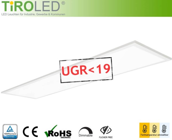 30 x 120 cm LED Panel | 3000/4000/6000 K einstellbar | 36 Watt | 3600 lm | UGR19 | RAL9016 | ohne Tr